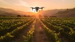 A picturesque vineyard at sunset, with AI-powered drones flying low over the vines, collecting data on moisture levels and vine health to optimize irrigation schedules and prevent disease.