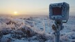 Advanced sensors measuring methane release from permafrost, close-up, digital readouts, frosty terrain