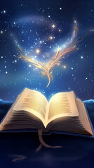 A book is open to a page with a star on it. The star is surrounded by a glowing light, and the book is on a mountain. The scene is peaceful and serene, with the star and book representing hope