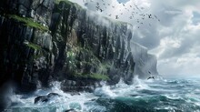 A Rugged Cliff Face Rising Dramatically From The Ocean, Waves Crashing Against Its Base As Seabirds Soar Overhead.