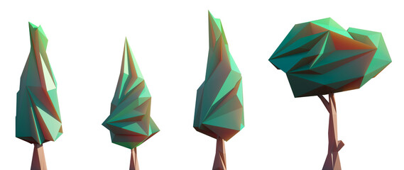 set of low poly tree isolated png on a transparent background perfectly cutout. geometric forest pol