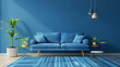 Blue background with modern furniture and interior design.