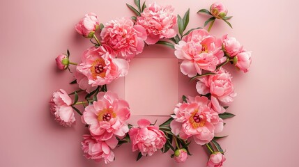 Sticker - Capture the essence of this beautiful floral arrangement featuring a wreath crafted from delightful pink peonies against a soft pink backdrop accompanied by a blank square sheet of paper Th