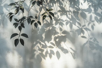 Leaves shadow and tree branch background. Natural leaves tree branch dark shadow and light from sunlight dappled on white concrete wall texture