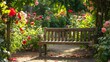A serene village garden filled with blooming roses and buzzing bees, with a rustic wooden bench inviting visitors to sit and admire the beauty.