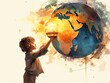 Conceptual image of a young boy holding a globe, promoting environmental education.