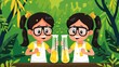 Two girls wearing white aprons and glasses are holding beakers with yellow liquid in a forest.
