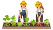 Two women farmers work together in the garden. They wear straw hats and overalls.