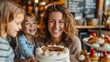 Smiling mother enjoying a cake with her two young children at a cafe. Family celebration Mother's Day quality time concept. Design for event invitation, parenting blog, happy moments poster