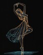 neon illustration of a woman in a flowing dress dancing. She is shown from the hips up, standing on one foot with her arms raised above her head. The background is black.