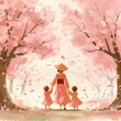Woman in traditional attire walking with two children under cherry blossoms. Spring, family, Mother's Day and tradition concept. Design for cultural event poster, seasonal greeting card.