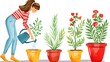 A woman waters four plants in pots, on a white background.