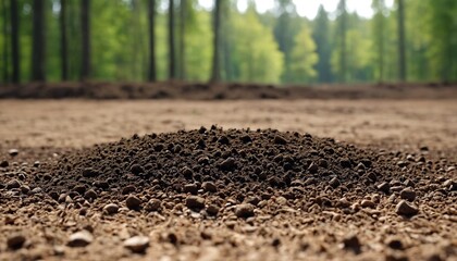 Wall Mural - Forest soil against a forest background. Image of deep black chernozem soil in a field.