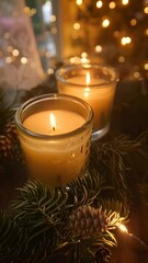 Wall Mural - candles in glass candleholder and winter decorations with pinecones. 