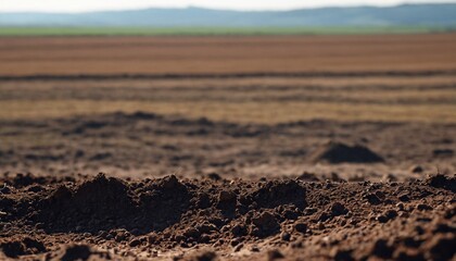 Wall Mural - Clean soil for growing before sowing, agricultural farm. Image of deep black chernozem soil in a field.