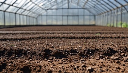 Wall Mural - Loose soil before planting vegetables, agriculture. Preparing the soil for planting a nursery on an organic vegetable farm. Indoor greenhouse with soil background.