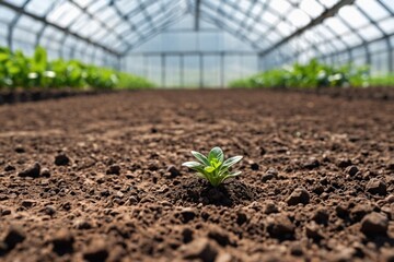 Wall Mural - Loose soil before planting vegetables, agriculture. Preparing the soil for planting a nursery on an organic vegetable farm. Indoor greenhouse with soil background.