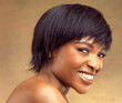 Happy, portrait and black woman in studio for hair, wellness and scalp cosmetics on brown background. Face, smile and African model with haircare results, style or texture or growth treatment choice