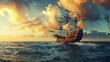 A majestic sailing ship on the ocean, under a cloudy sky at sunset. The sails are fully spread, and the ship appears to be in full motion.