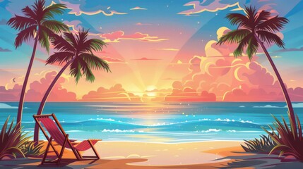 Canvas Print - A beach scene with a chair and palm trees at sunset, AI