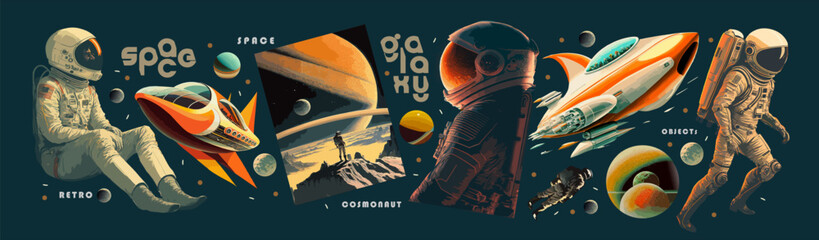 Wall Mural - space, science fiction, future. vector retro illustrations of astronaut, galaxy, planet, moon, space