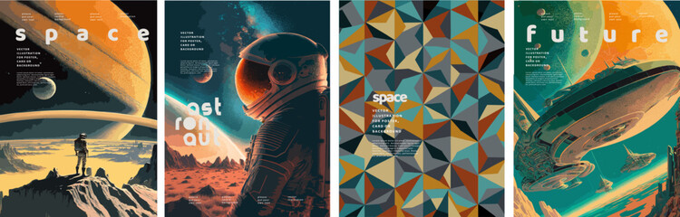 Wall Mural - space, science fiction, future. vector illustrations of astronaut, galaxy, planet, moon, space objec