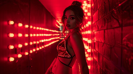Wall Mural - a woman in a red swimming costume posing for a picture in a dark room with red lights behind her