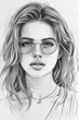 Pencil drawing of a woman with glasses, long hair and hoop earrings.