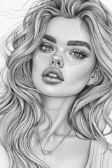 Canvas Print - Pencil drawing of a female model with freckles and long hair looking at the camera.