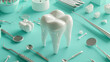 a white model of a molar tooth surrounded by various dental tools and equipment. The central focus is on the large, glossy tooth model, while smaller teeth models are scattered around it