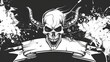 plain black and white vector illustration, white shield frame, skull, head, grunge, heavy metal look, 16:9