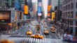 a backdrop of towering skyscrapers and bustling streets, the HD camera reveals the vibrant energy of city life in miniature architecture landscape models, with miniature cars and buses 