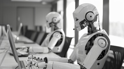 Two humanoid robots in black and white sitting as if in a business meeting, portraying future technology in the workplace