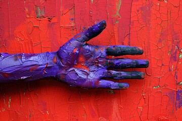 Purple painted hand on a red background