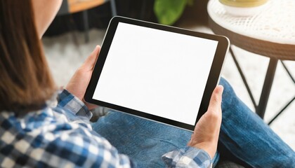 Tablet held by Woman in a Living Room - Mockup for Application or Web Design - Template for Presentation of Graphic Design - Corporate Representation at Consumers