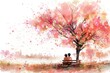 Watercolor couple sits on a bench under a tree with pink flowers.