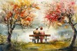 A watercolor couple sits on a bench under flowering trees near the lake.