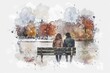 A couple sits on a bench facing a pond. The man and woman are looking at the water, with colorful autumn trees in the background. The scene is framed by a watercolor splash.