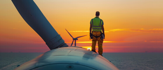 Engineer stands at top of wind turbine in sea at sunset, worker performs maintenance of windmill in ocean on sky background. Concept of energy, power, people