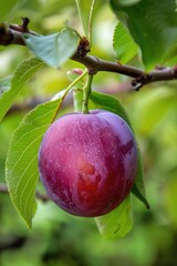 Sticker - plums close-up on the tree. selective focus