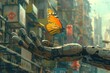 A monarch butterfly floats above her in a robotic hand against a cityscape. The buildings are colorful and very detailed.