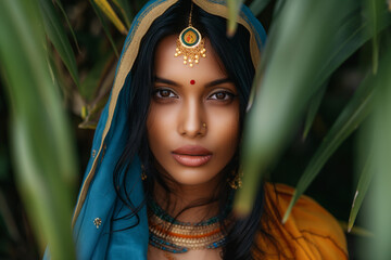 A hispanic latina indian woman wearing a blue and yellow dress with gold jewelry