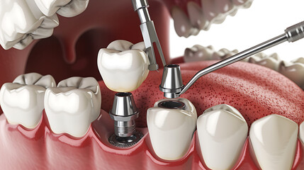 a dental implant procedure. It focuses on human teeth and gums, with two holes prepared for implant