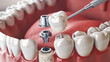 a dental implant procedure. It focuses on human teeth and gums, with two holes prepared for implant