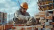 © Otseira - Masonry details, industrial brick mason, bricklayer working on building exterior walls at construction site. worker's day. labor day