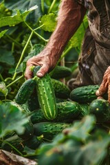 Wall Mural - a farmer collects cucumbers on the plot. selective focus