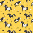Black and white cartoon horses on a yellow background, seamless vector pattern