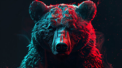 a bear with red and blue colors on its face and head, with a black background and a red light