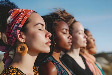 a multi ethnic group of women standing in a row outdoors