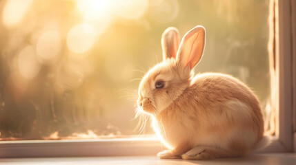 Wall Mural - Cute brown rabbit sitting in the soft sunlight.